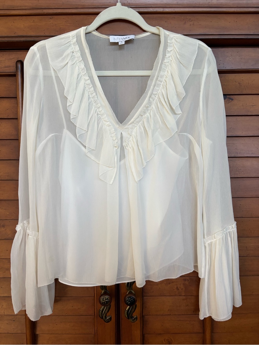 INTERMIX Ivory Ruffled V-Neck Sheer Blouse with Bell Sleeves Size Small